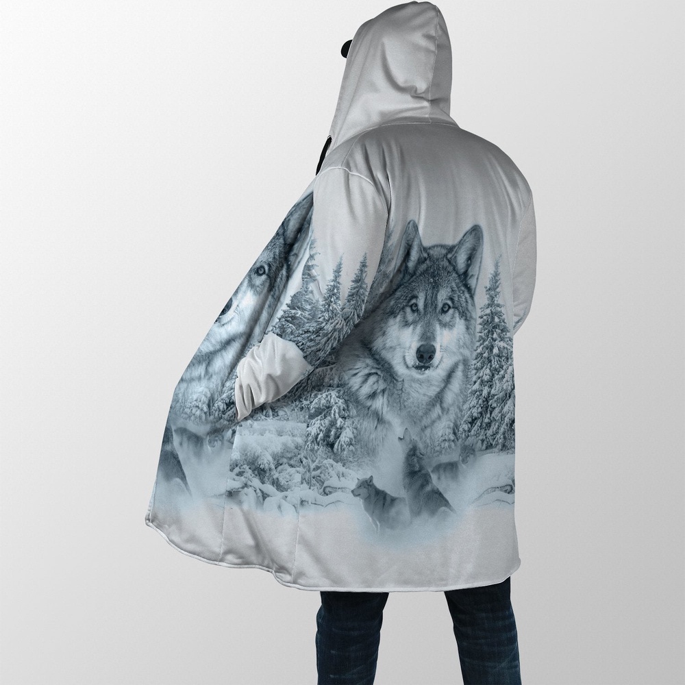 Native American Coat, Snow Wolves Native American 3D Over Printed Hooded Cloak Coat
