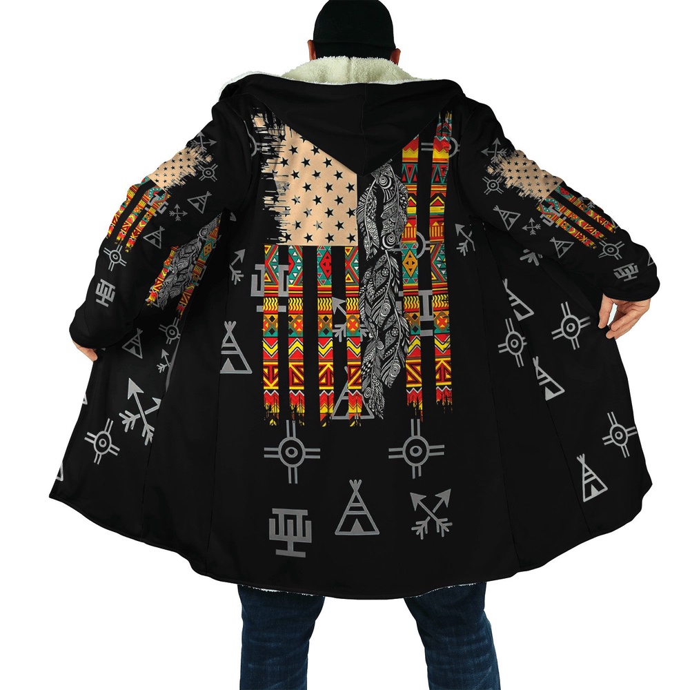 Native American Coat, Symbolic Patterns Native American 3D All Over Printed Hooded Cloak Coat