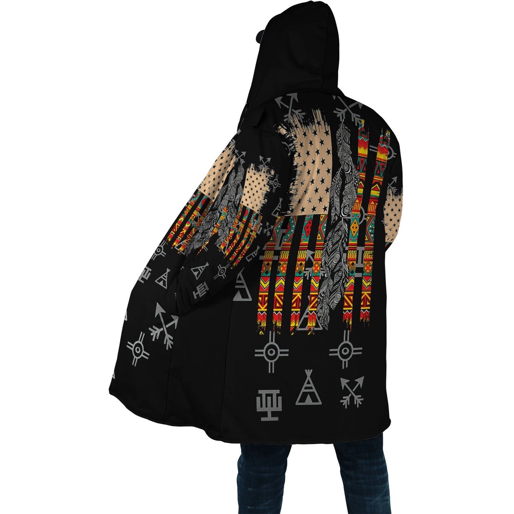 Native American Coat, Symbolic Patterns Native American 3D All Over Printed Hooded Cloak Coat