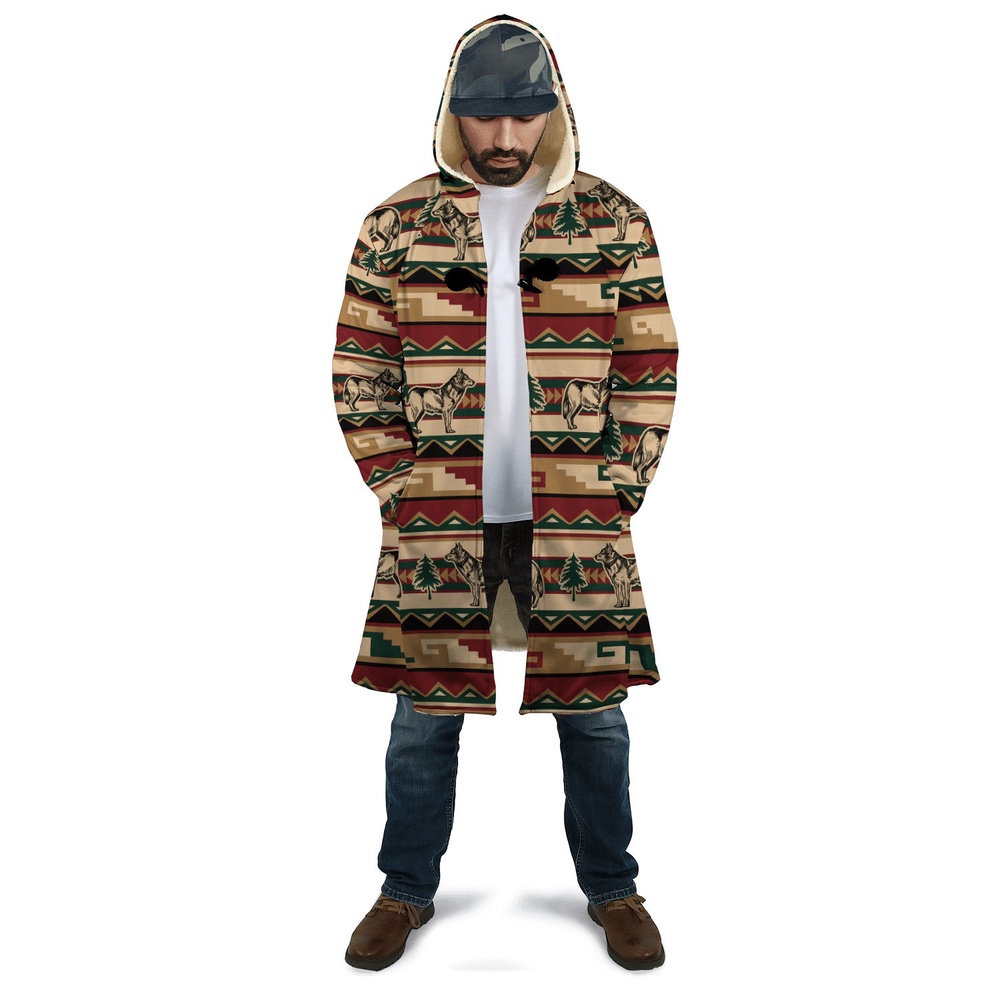 Native American Coat, Wofl Pattern Native American 3D All Over Printed Hooded Cloak Coat