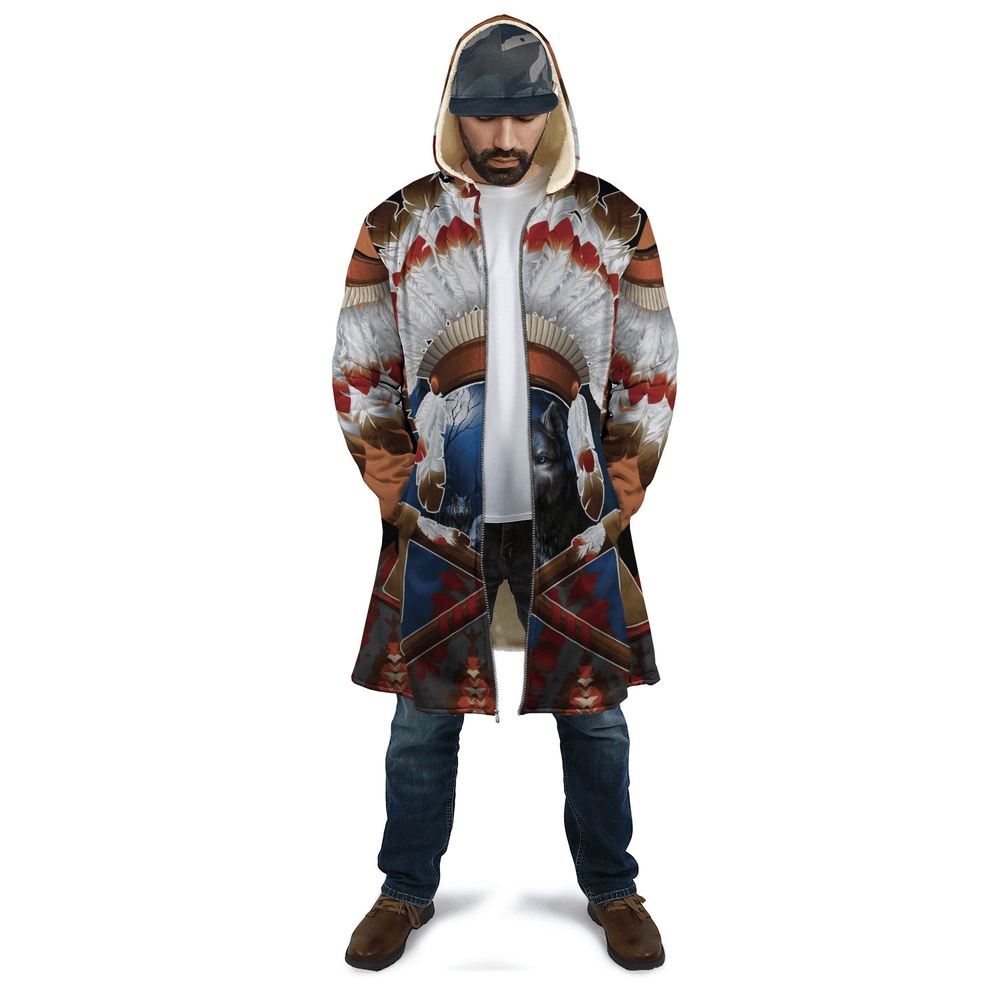 Native American Coat, Woft Warrior Native American 3D All Over Printed Hooded Cloak Coat