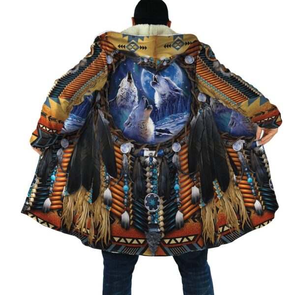 Native American Coat, Wolf Full Moon Native American 3D All Over Printed Hooded Cloak Coat