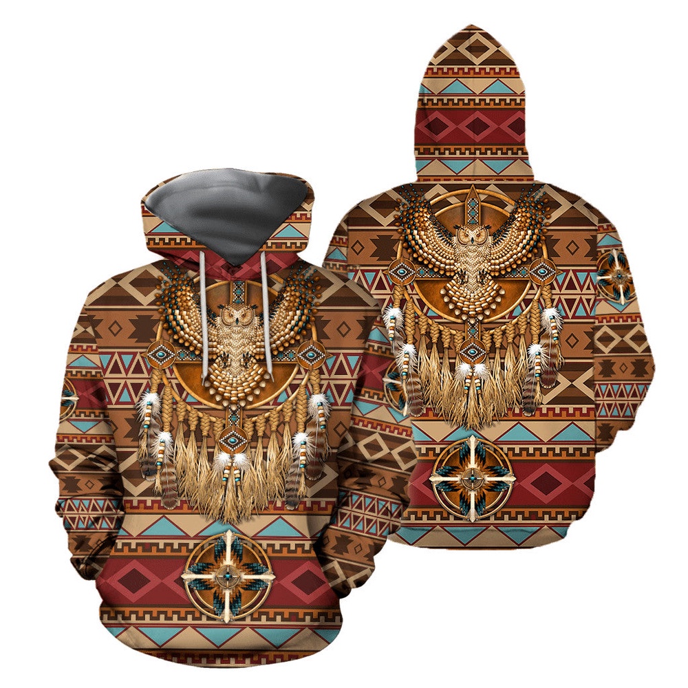 Native American Hoodie, Owl Bird Native American 3D All Over Printed Hoodie, Native American Style Hoodie