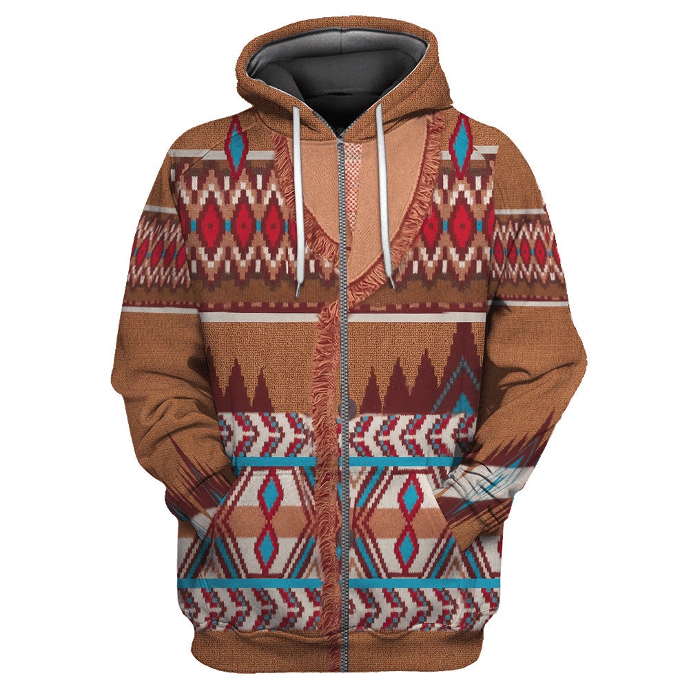 Native American Hoodie, Ppolite Brown Native American 3D All Over Printed Hoodie, Native American Style Hoodie