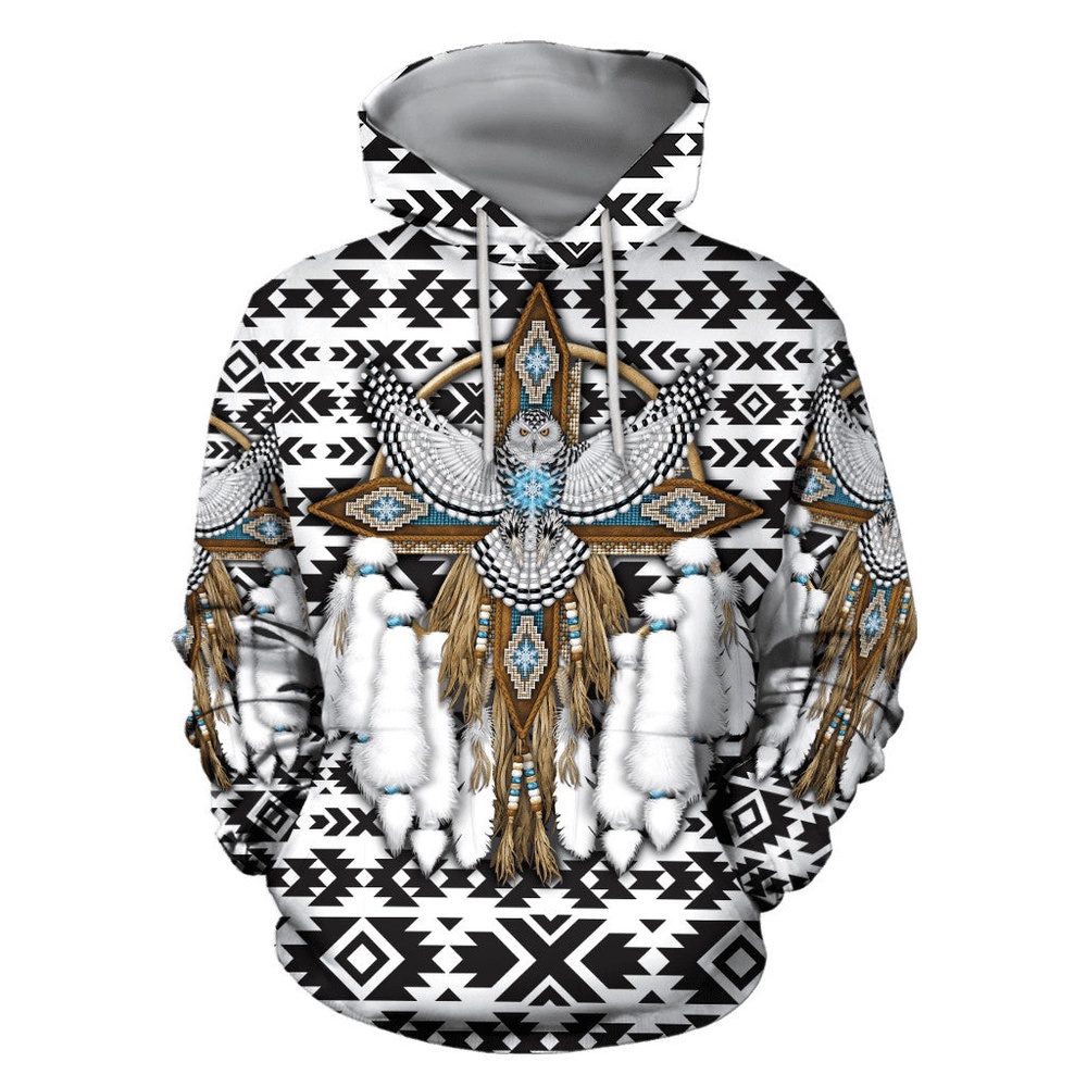 Native American Hoodie, White Owl Native American 3D All Over Printed Hoodie, Native American Style Hoodie