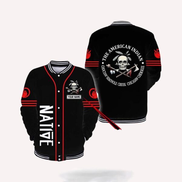 Native American Jacket, Custom Name Skull Indian Native American 3D All Over Printed Baseball Jacket, Native American Style Jackets