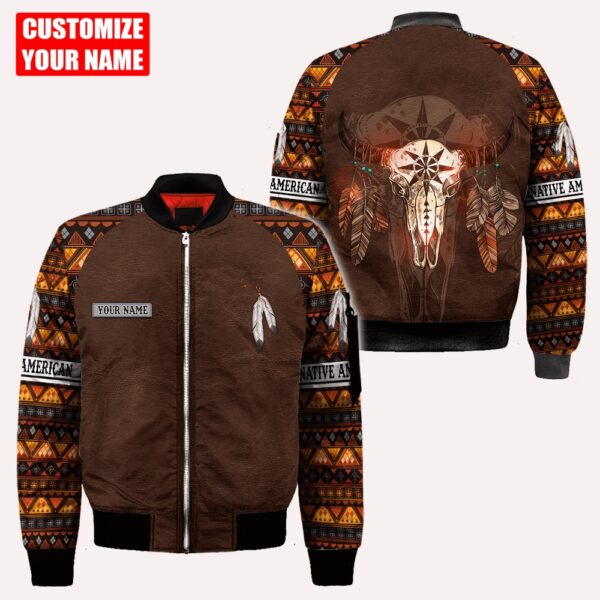 Native American Jacket, Customized Name Cow Skull Native American 3D All Over Printed Bomber Jacket