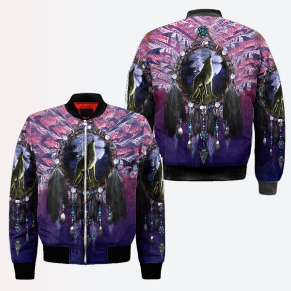 Native American Jacket, Wolf Under The Moon Native American 3D All Over Printed Bomber Jacket