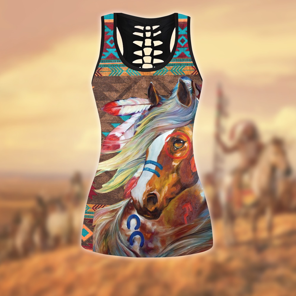 Native American Leggings, Brown Motifs Native American Hollow Tanktop Leggings Set, Native American Tank Tops