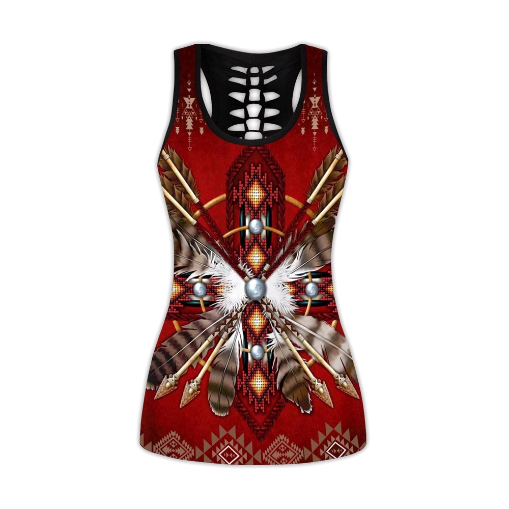 Native American Leggings, Dark Red Native American Hollow Tanktop Leggings Set, Native American Tank Tops