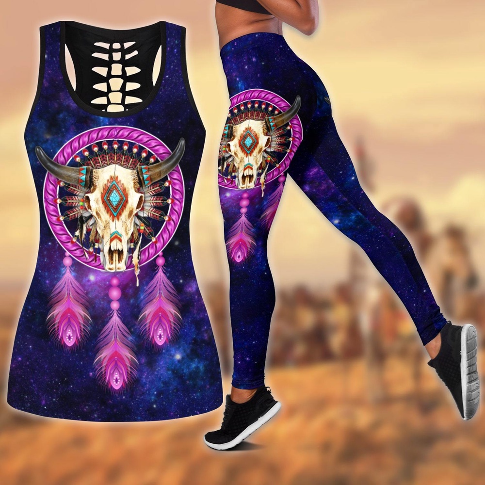 Native American Leggings, Dreamcatcher Buffalo Skull Native American All Over Printed Legging Hollow Tank Top, Native American Tank Tops