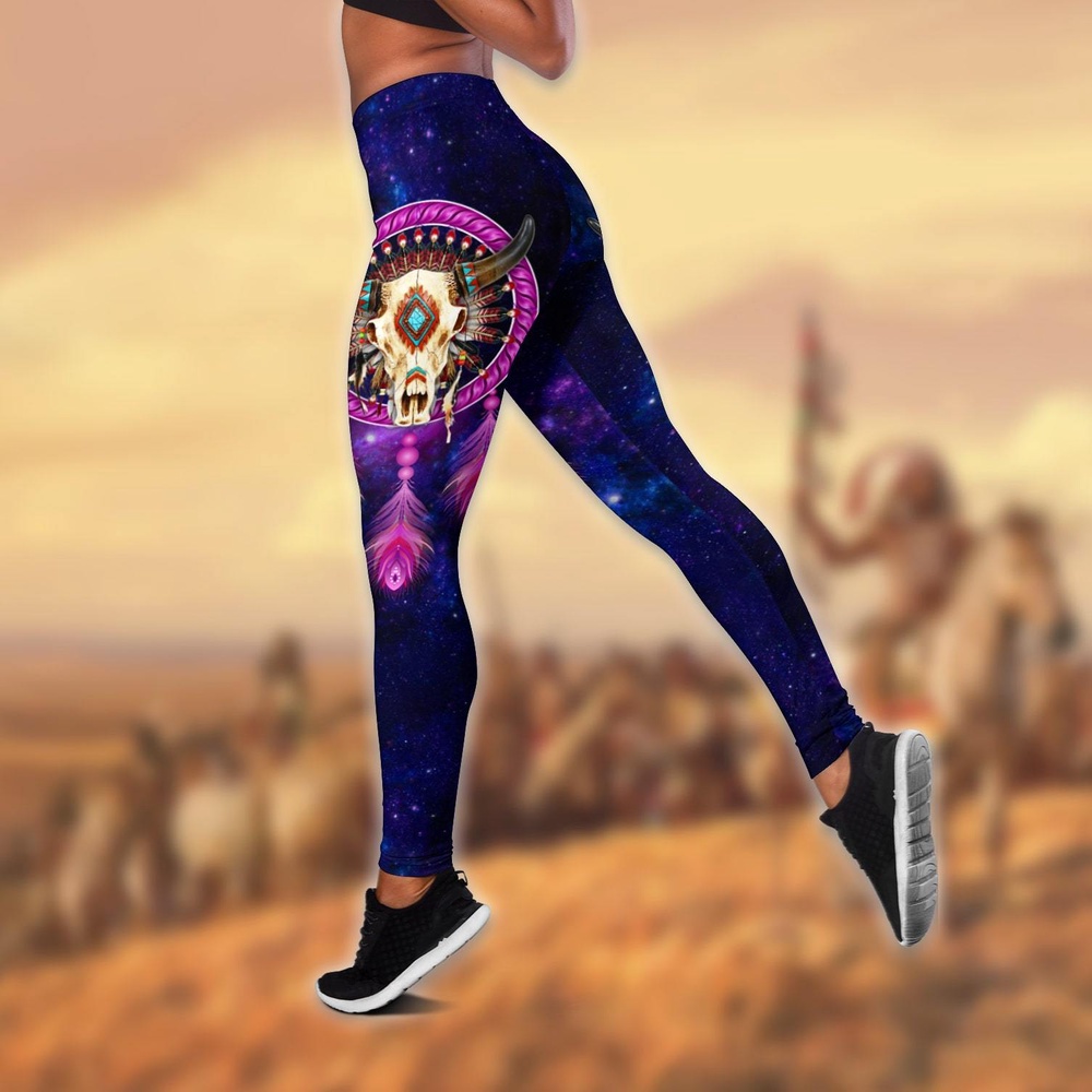 Native American Leggings, Dreamcatcher Buffalo Skull Native American All Over Printed Legging Hollow Tank Top, Native American Tank Tops