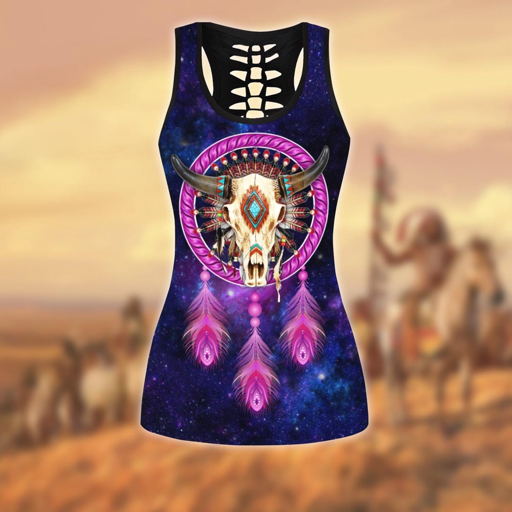 Native American Leggings, Dreamcatcher Buffalo Skull Native American All Over Printed Legging Hollow Tank Top, Native American Tank Tops