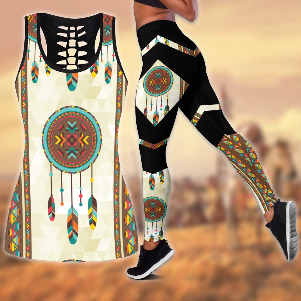 Native American Leggings, Dreamcatcher Native American Hollow Tanktop Leggings Set, Native American Tank Tops