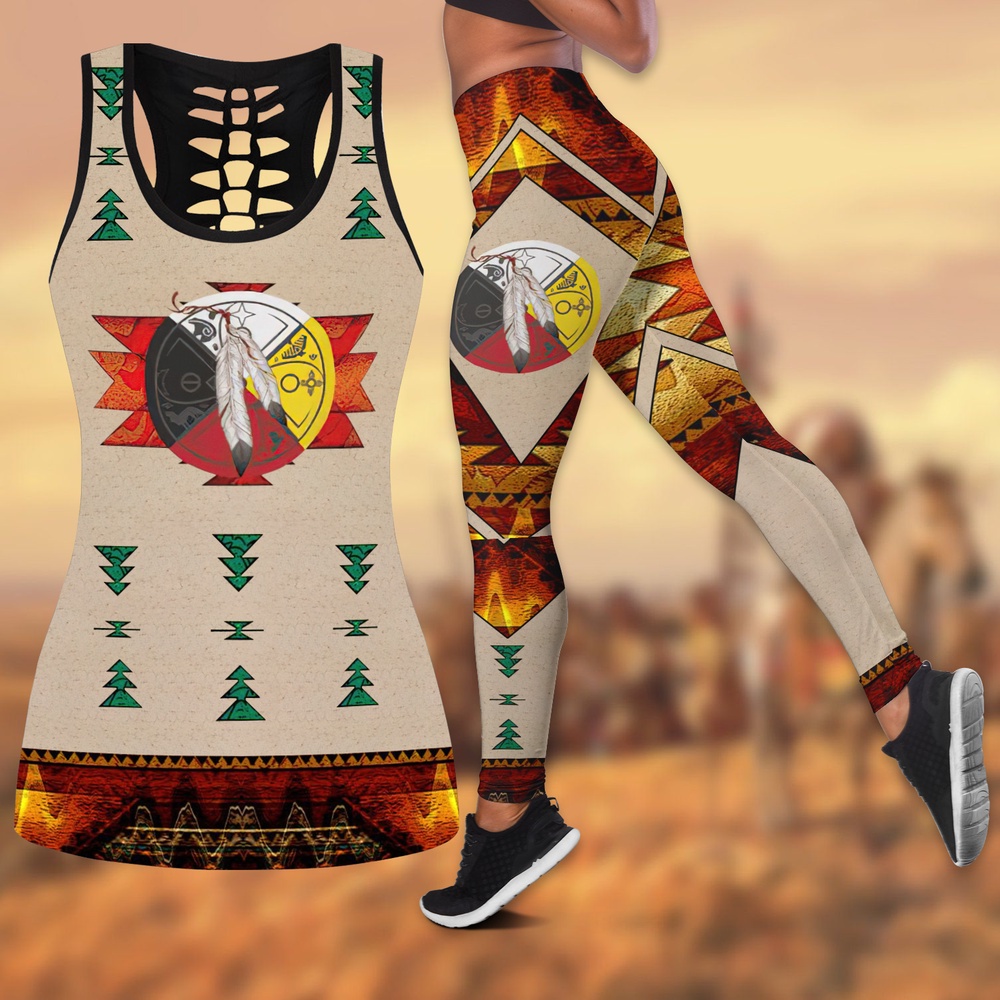 Native American Leggings, Feather Native American Hollow Tanktop Leggings Set, Native American Tank Tops