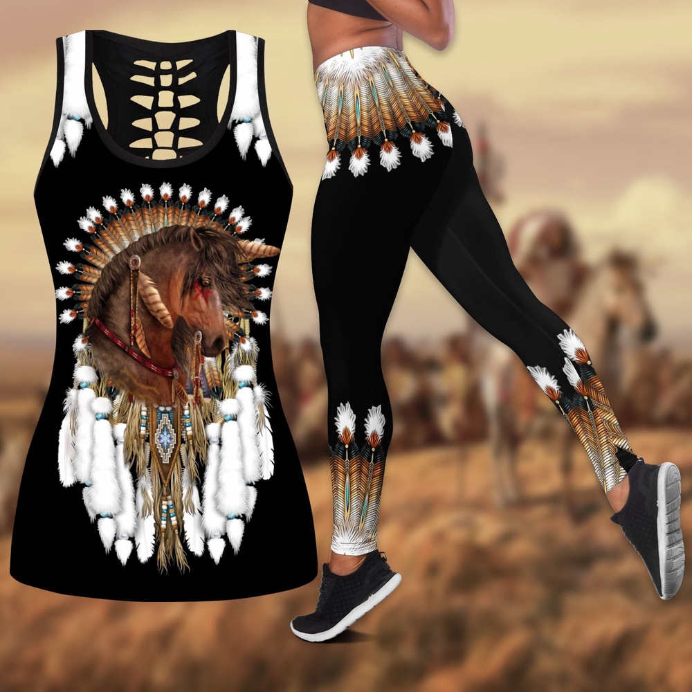 Native American Leggings, Horse Feathers Native American Hollow Tanktop Leggings Set, Native American Tank Tops