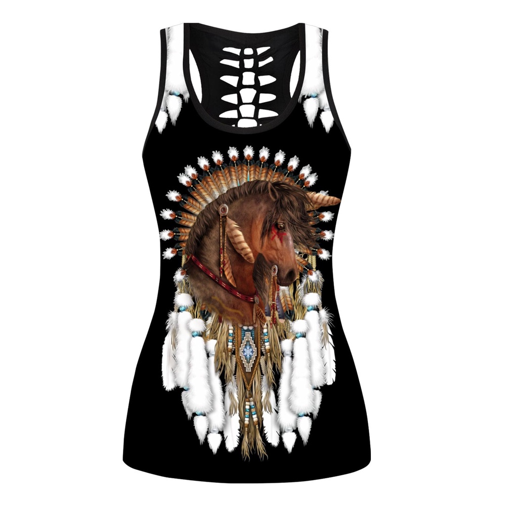 Native American Leggings, Horse Feathers Native American Hollow Tanktop Leggings Set, Native American Tank Tops