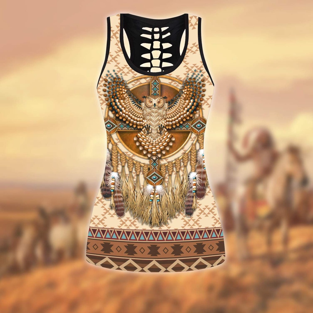 Native American Leggings, Owl Beadwork Native American Hollow Tanktop Leggings Set, Native American Tank Tops