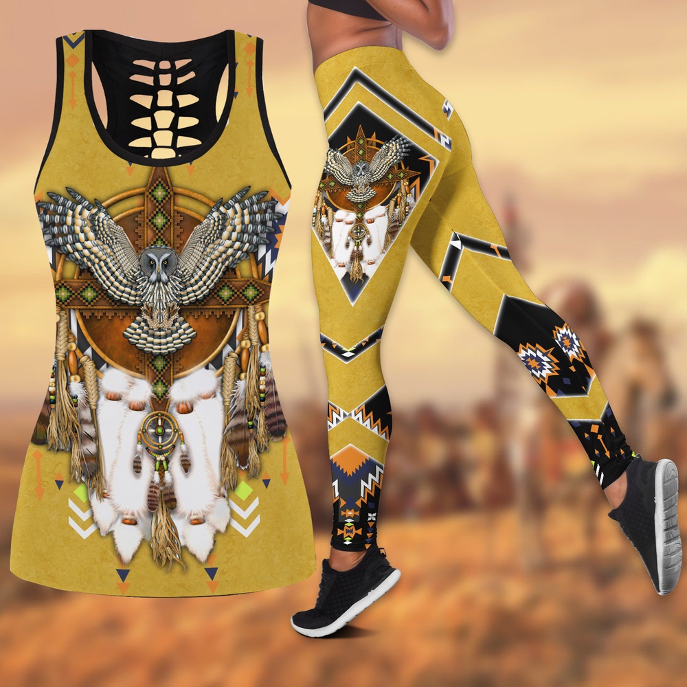 Native American Leggings, Owl Bird Native American Hollow Tanktop Leggings Set, Native American Tank Tops