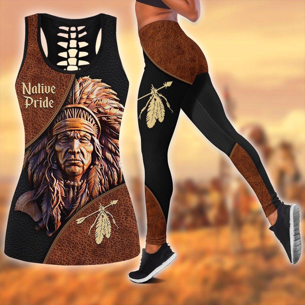 Native American Leggings, Pride Feather Native American Hollow Tanktop Leggings Set, Native American Tank Tops