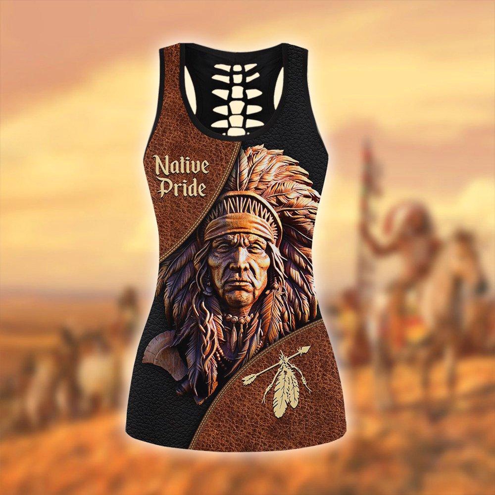 Native American Leggings, Pride Feather Native American Hollow Tanktop Leggings Set, Native American Tank Tops