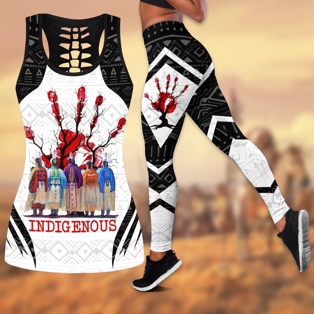 Native American Leggings, Red Hand Indigenous Native American Hollow Tanktop Leggings Set, Native American Tank Tops