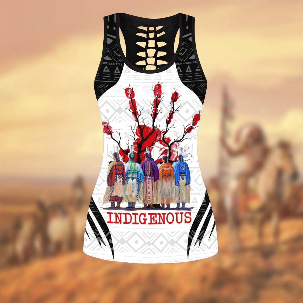 Native American Leggings, Red Hand Indigenous Native American Hollow Tanktop Leggings Set, Native American Tank Tops