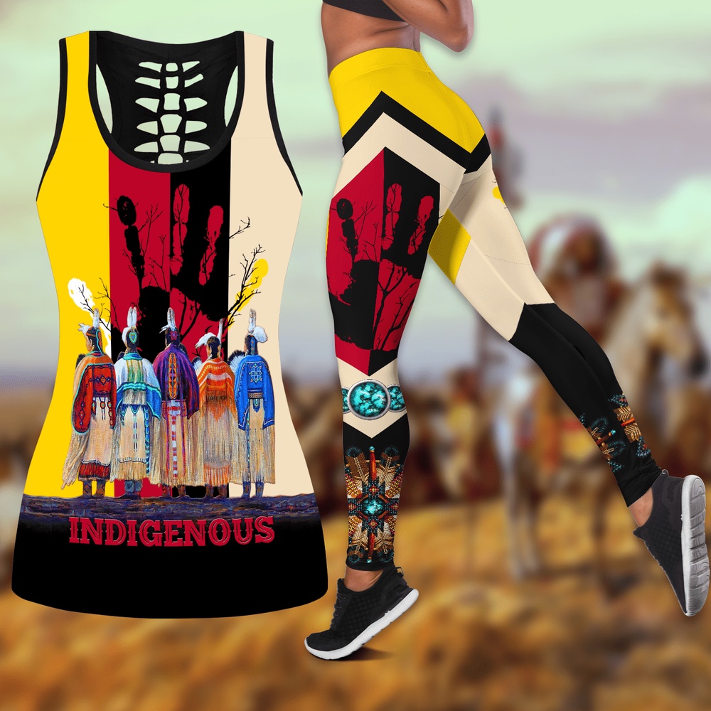 Native American Leggings, Red Hand Native American Hollow Tanktop Leggings Set, Native American Tank Tops