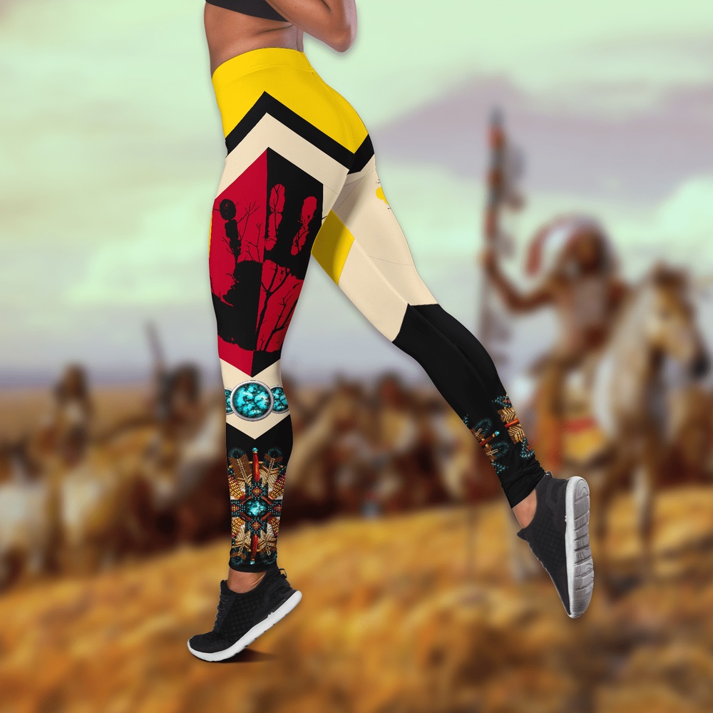 Native American Leggings, Red Hand Native American Hollow Tanktop Leggings Set, Native American Tank Tops