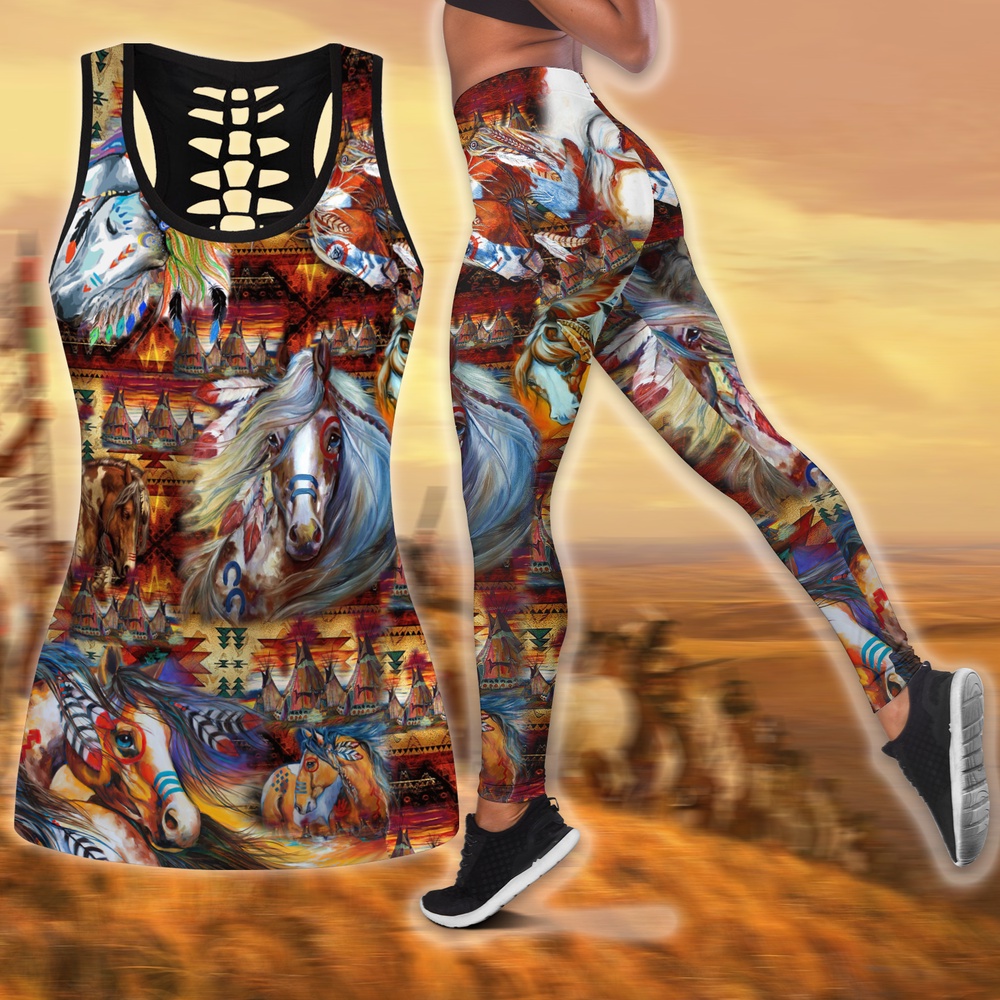 Native American Leggings, The Horse Native American Hollow Tanktop Leggings Set, Native American Tank Tops