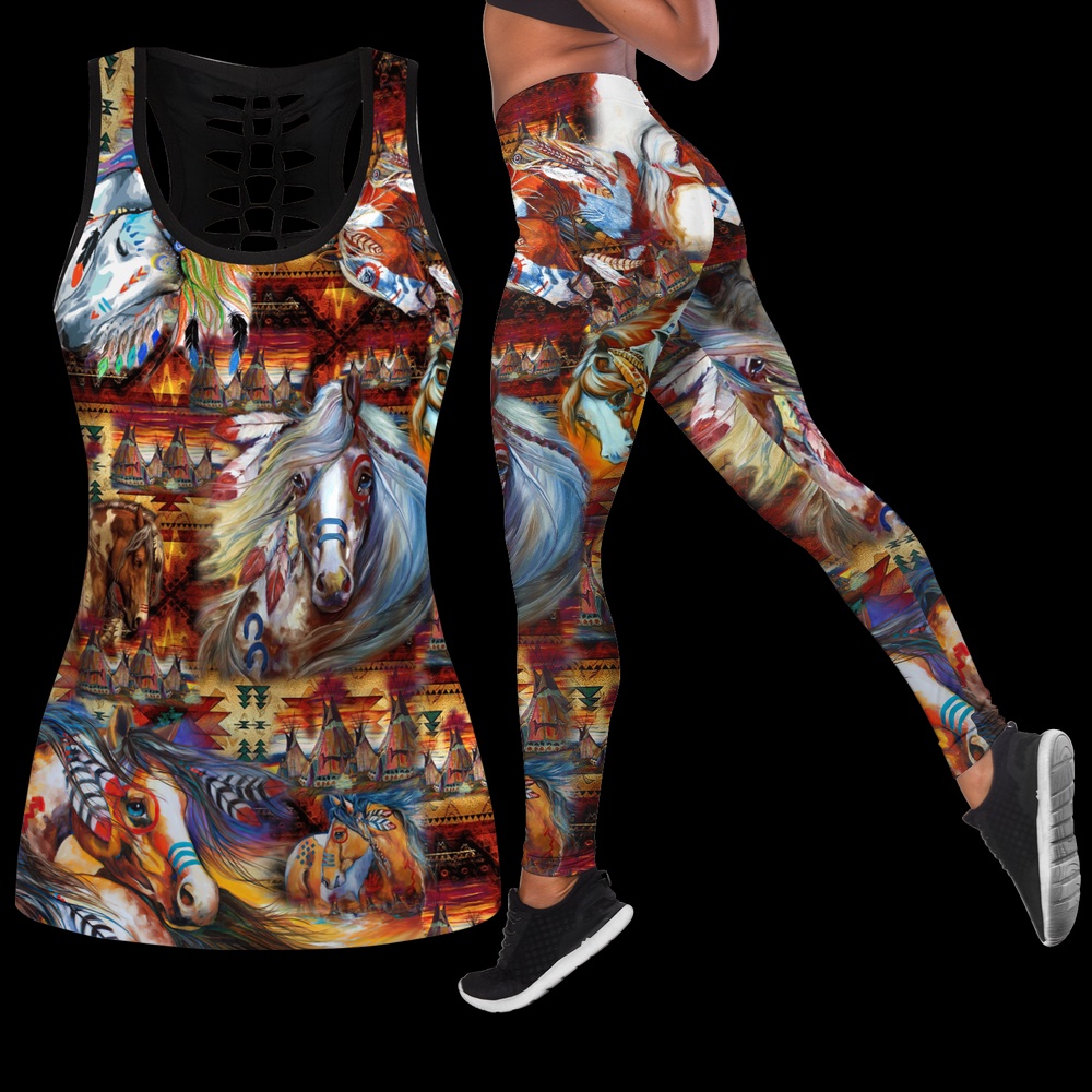 Native American Leggings, The Horse Native American Hollow Tanktop Leggings Set, Native American Tank Tops