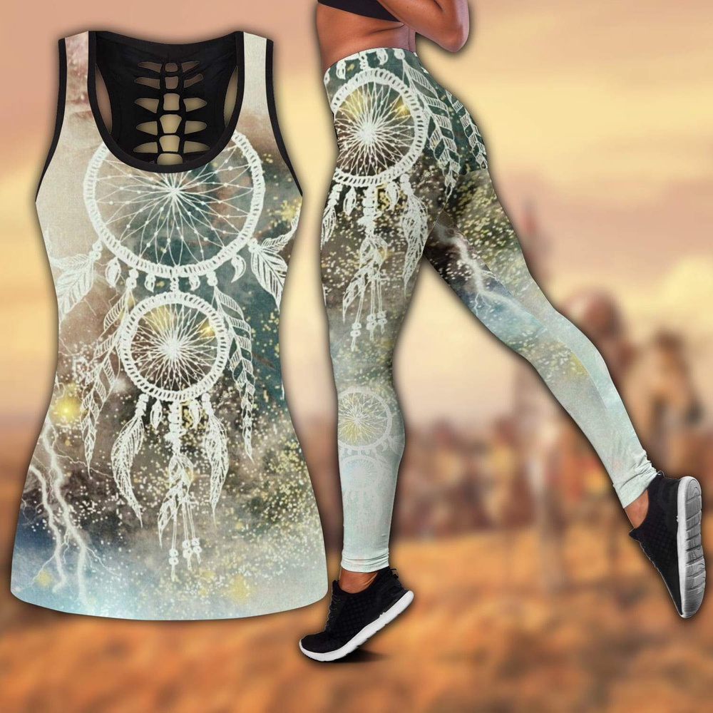 Native American Leggings, White Dreamcatcher Native American Hollow Tanktop Leggings Set, Native American Tank Tops