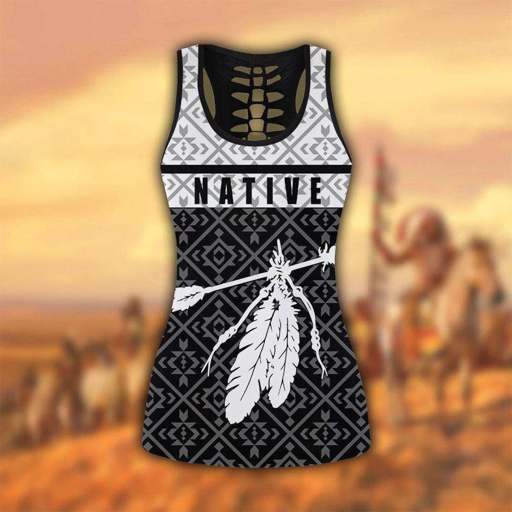 Native American Leggings, White Feathers Native American Hollow Tanktop Leggings Set, Native American Tank Tops
