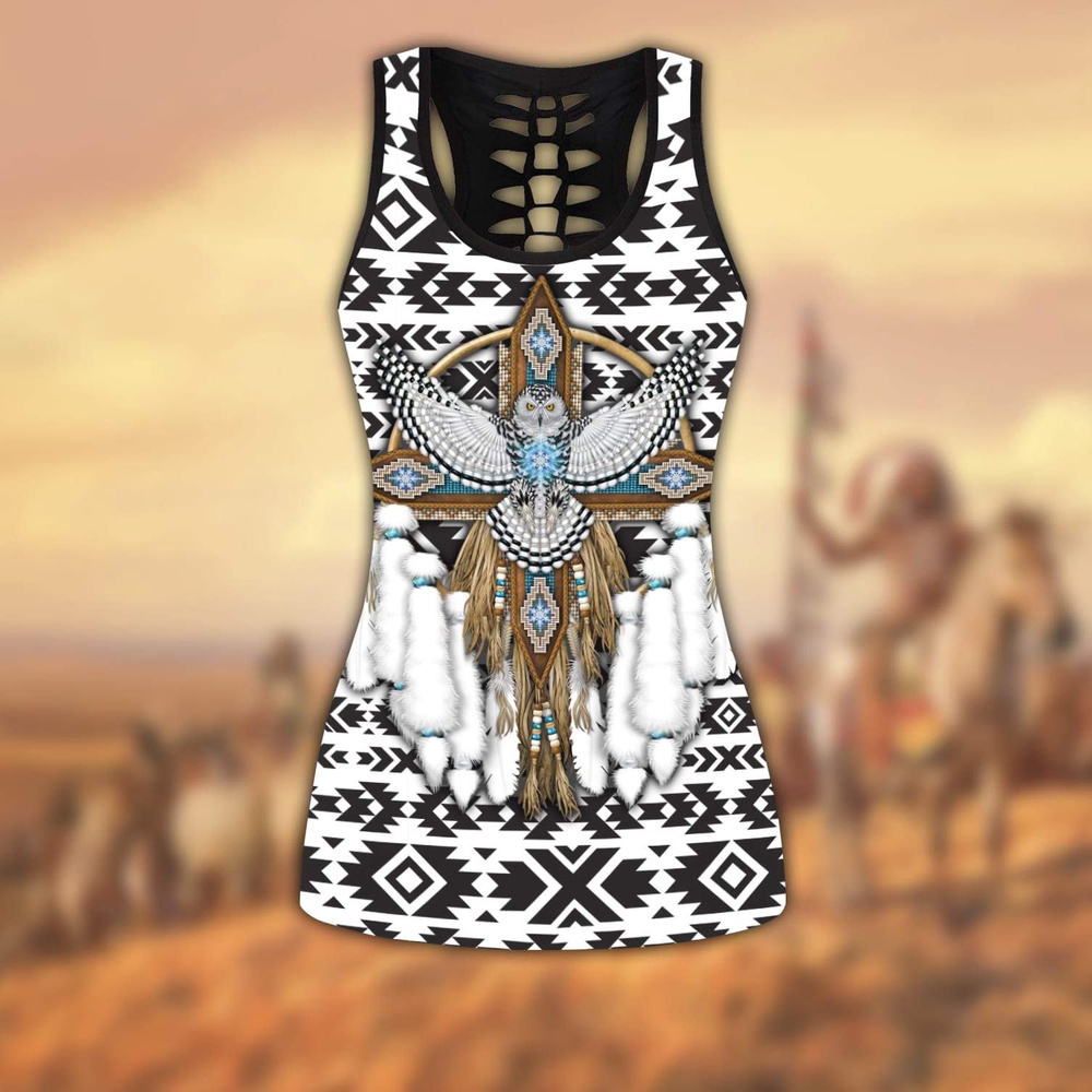 Native American Leggings, White Owl Native American All Over Printed Legging Hollow Tank Top, Native American Tank Tops