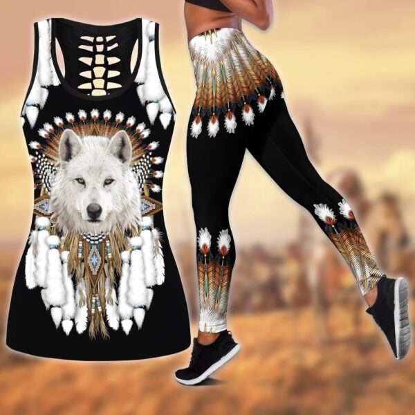 Native American Leggings, White Wolf Feather Native American Hollow Tanktop Leggings Set, Native American Tank Tops