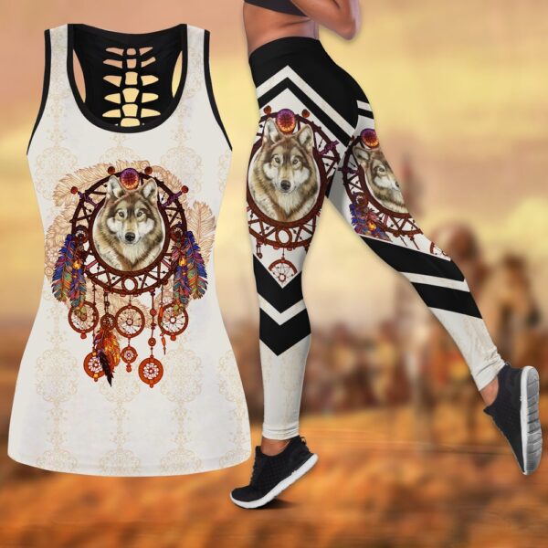 Native American Leggings, Wolf And Colorful Dreamcatcher Native American Hollow Tanktop Leggings Set, Native American Tank Tops
