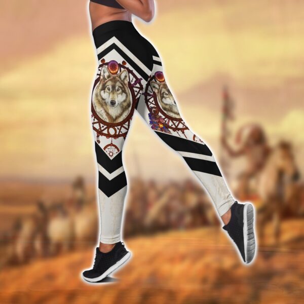 Native American Leggings, Wolf And Colorful Dreamcatcher Native American Hollow Tanktop Leggings Set, Native American Tank Tops