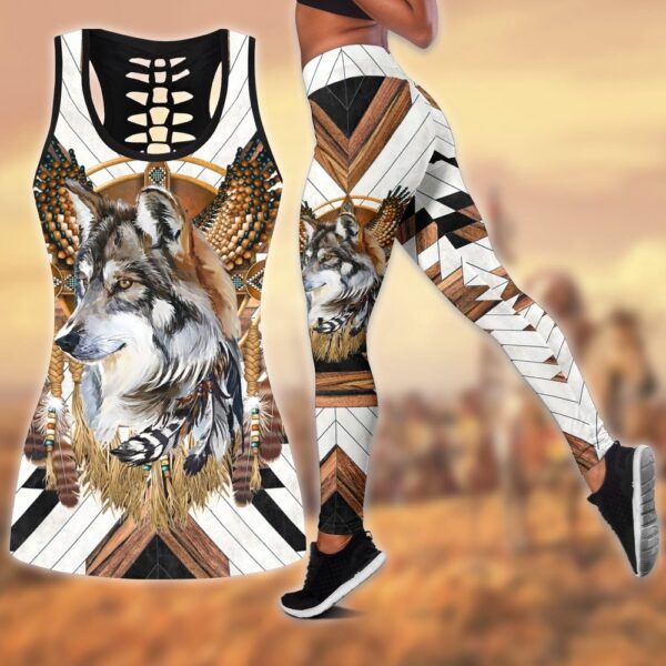 Native American Leggings, Wolf Eagle Feather Native American Hollow Tanktop Leggings Set, Native American Tank Tops