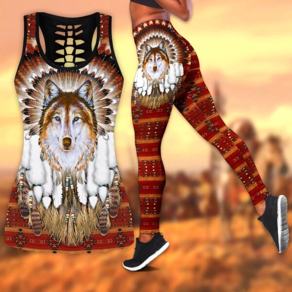 Native American Leggings, Wolf Feather Eagle Native American Hollow Tanktop Leggings Set, Native American Tank Tops