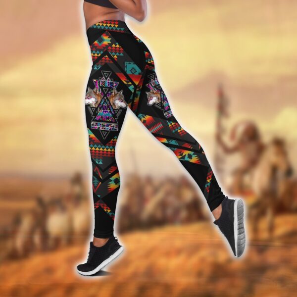 Native American Leggings, Wolfs And Traditional Navajo Native American Hollow Tanktop Leggings Set, Native American Tank Tops
