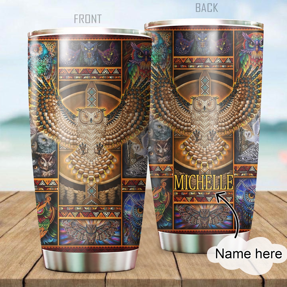 Native American Tumbler, Custom Name Owl Beadwork Native American Steel Tumbler, American Tumbler, Native Tumbler