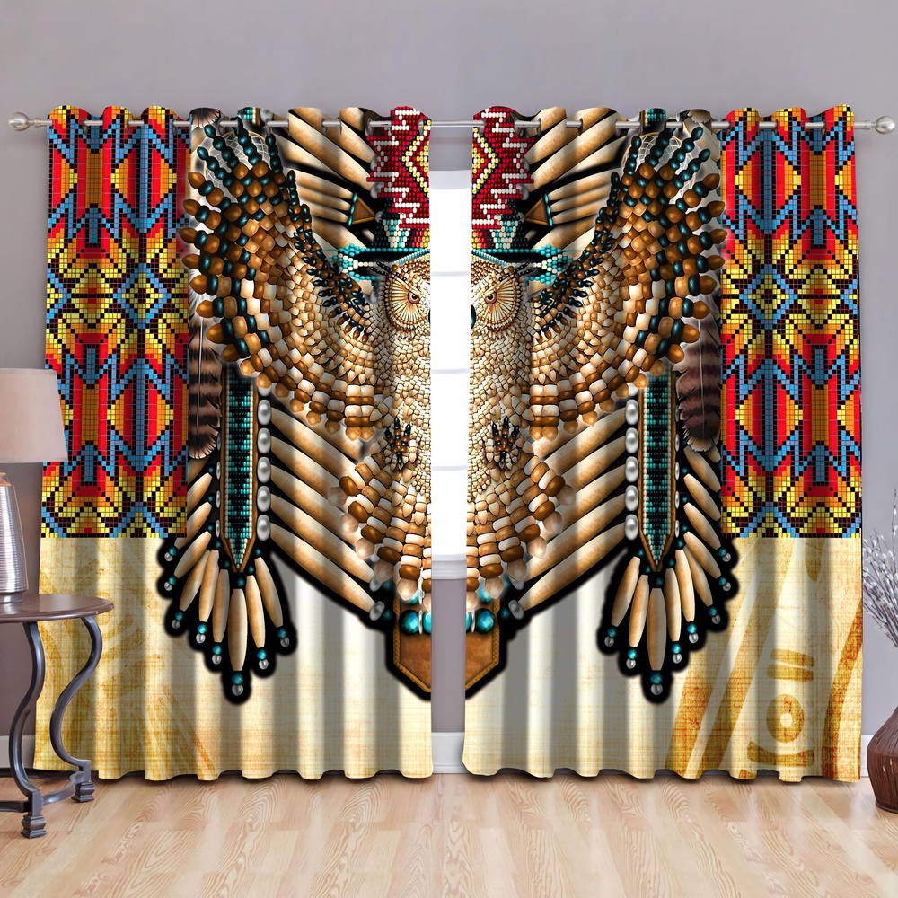 Native American Window Curtains, Beadwork Owl Native American Window Curtains, Window Curtains