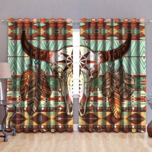 Native American Window Curtains, Big Cow Skull…