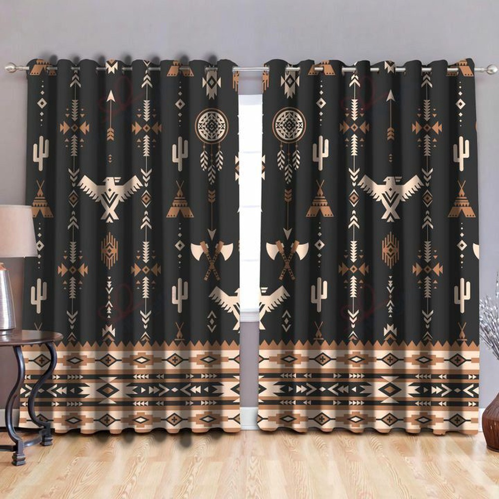 Native American Window Curtains, Brown Pattern Bird Native American Pattern Window Curtains, Window Curtains