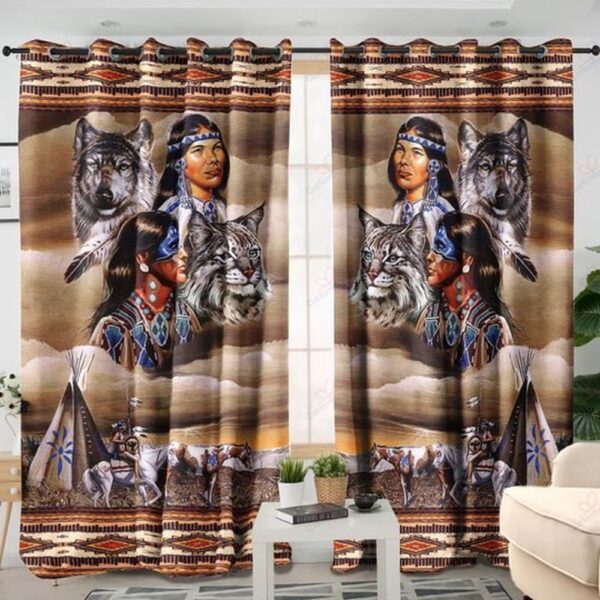 Native American Window Curtains, Brown Wolf Native American 3D All Over Printed Window Curtain, Window Curtains