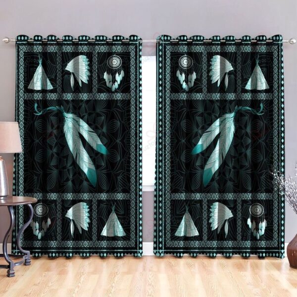 Native American Window Curtains, Feathers Green Native American Window Curtains, Window Curtains