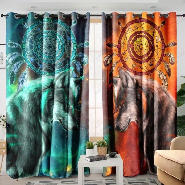 Native American Window Curtains, Fire And Ice Wolf Native American Window Curtains, Window Curtains