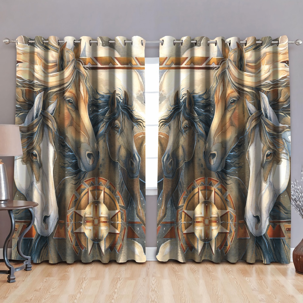 Native American Window Curtains, Horse Pattern Native American 3D All Over Printed Window Curtain, Window Curtains