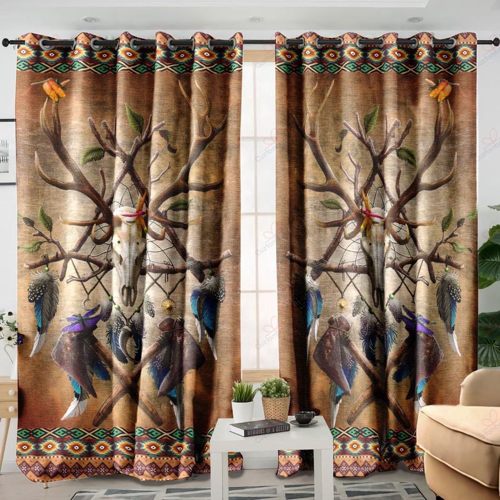Native American Window Curtains, Retro Bull Head Art Native American Window Curtains, Window Curtains