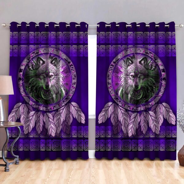 Native American Window Curtains, Wolf Purple Native American Window Curtains, Window Curtains